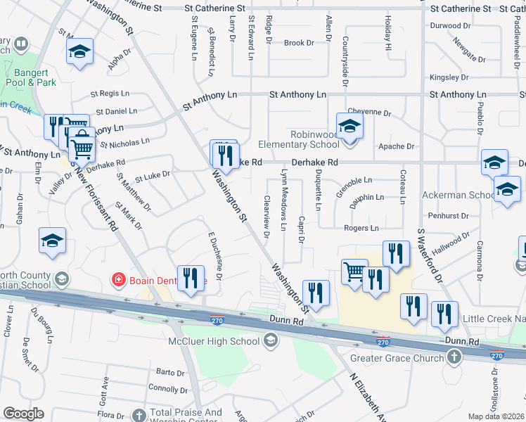 map of restaurants, bars, coffee shops, grocery stores, and more near 2085 Washington Street in Florissant