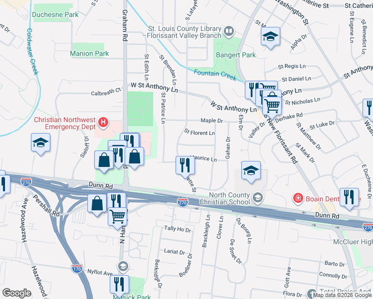map of restaurants, bars, coffee shops, grocery stores, and more near 115 Saint Maurice Lane in Florissant