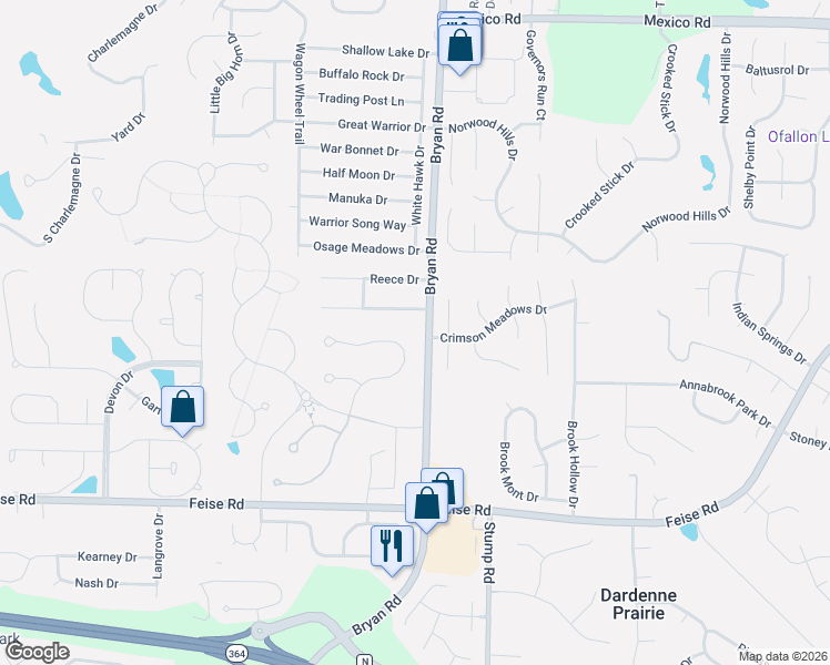 map of restaurants, bars, coffee shops, grocery stores, and more near 128 Royal Troon Drive in Dardenne Prairie