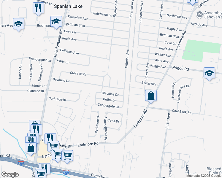 map of restaurants, bars, coffee shops, grocery stores, and more near 1346 Bayonne Drive in St. Louis