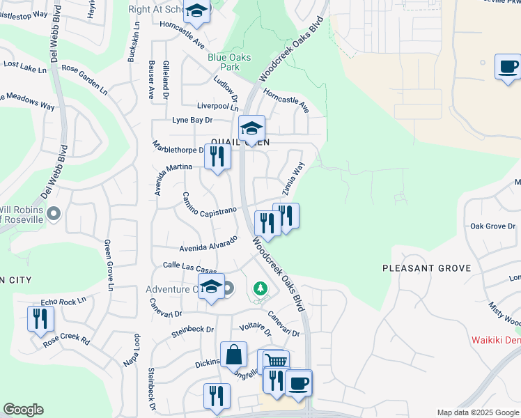 map of restaurants, bars, coffee shops, grocery stores, and more near 403 Verbena Court in Roseville