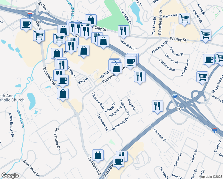 map of restaurants, bars, coffee shops, grocery stores, and more near 2537 Falcons Way in Saint Charles