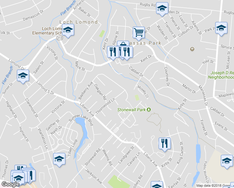 map of restaurants, bars, coffee shops, grocery stores, and more near 9275 Thornwood Lane in Manassas