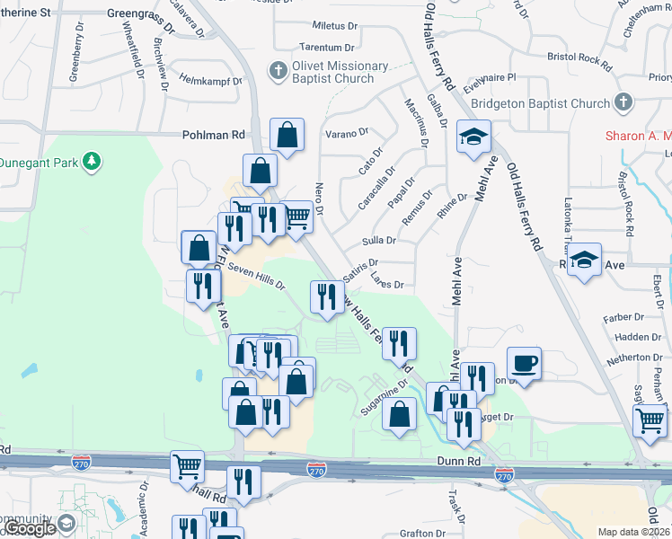 map of restaurants, bars, coffee shops, grocery stores, and more near 11655 New Halls Ferry Road in Florissant