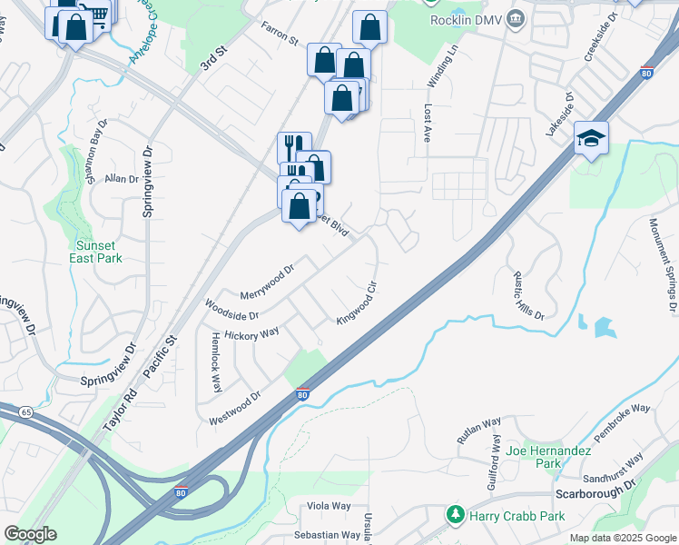 map of restaurants, bars, coffee shops, grocery stores, and more near 3713 Cone Court in Rocklin