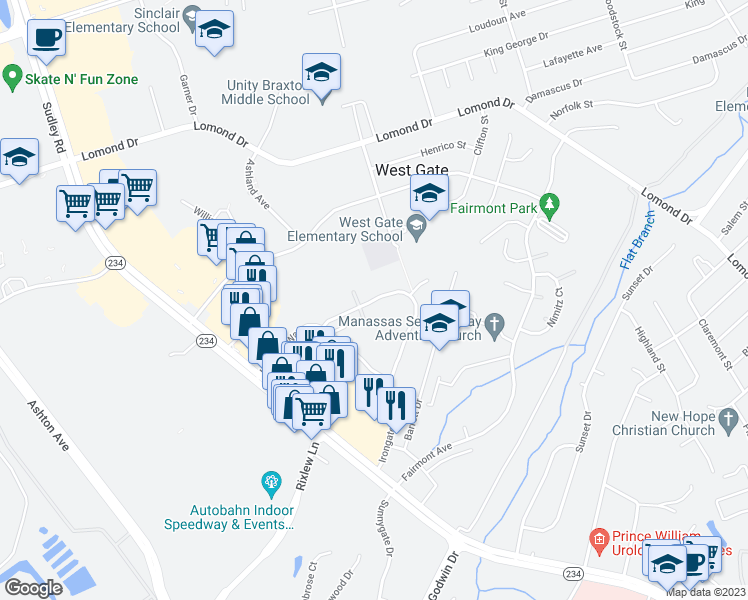 map of restaurants, bars, coffee shops, grocery stores, and more near 7976 Community Drive in Manassas