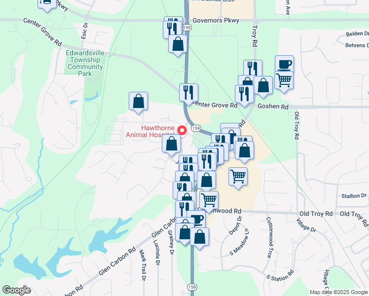 map of restaurants, bars, coffee shops, grocery stores, and more near 107 Bayberry Court in Glen Carbon