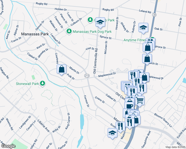 map of restaurants, bars, coffee shops, grocery stores, and more near 175 Old Centreville Road in Manassas Park
