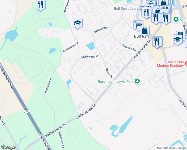 map of restaurants, bars, coffee shops, grocery stores, and more near 8218 Winstead Place in Manassas