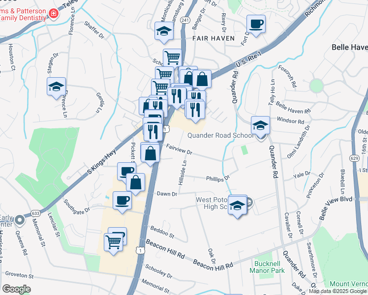map of restaurants, bars, coffee shops, grocery stores, and more near 2616 Fairview Drive in Alexandria