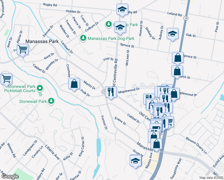 map of restaurants, bars, coffee shops, grocery stores, and more near 175 Old Centreville Road in Manassas Park