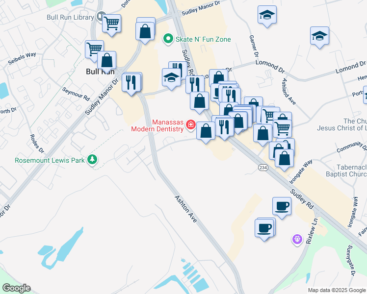 map of restaurants, bars, coffee shops, grocery stores, and more near 10625 Provincial Drive in Manassas