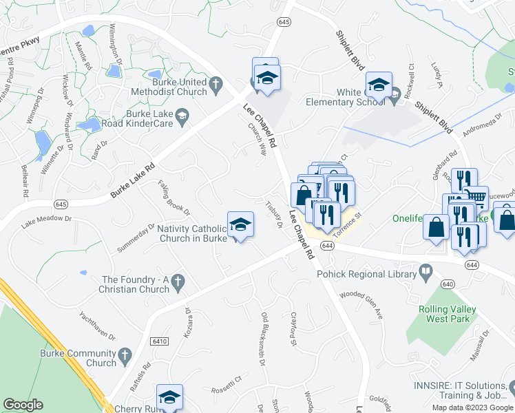 map of restaurants, bars, coffee shops, grocery stores, and more near 9671 Britford Drive in Burke