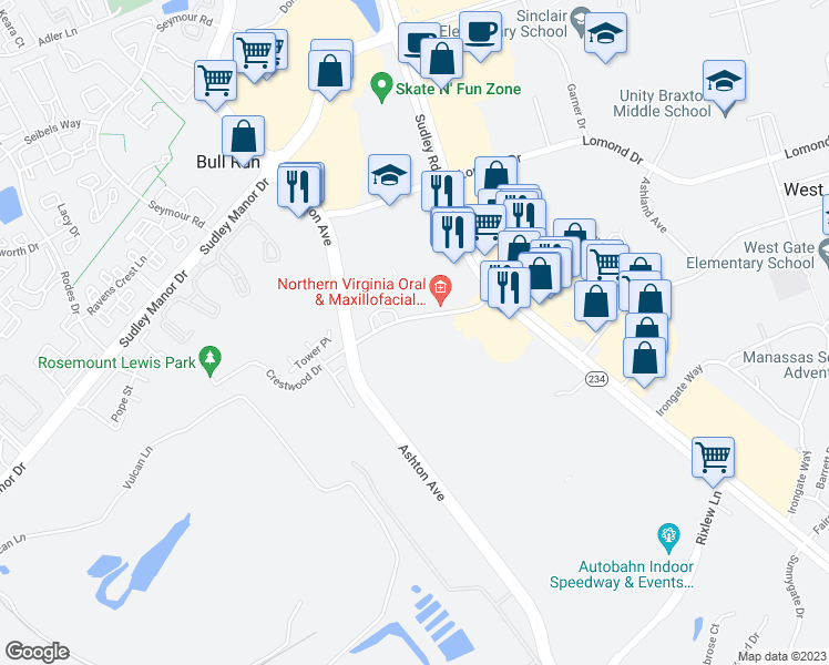 map of restaurants, bars, coffee shops, grocery stores, and more near 10622 Provincial Drive in Manassas