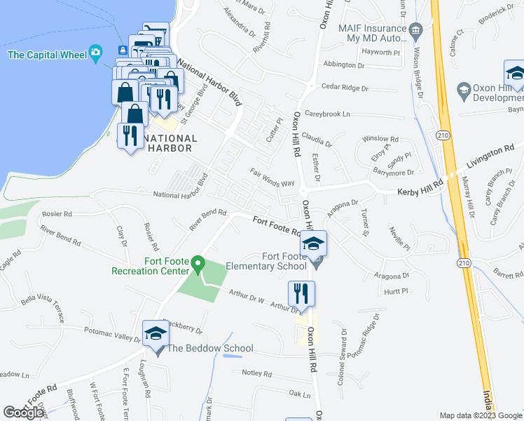 map of restaurants, bars, coffee shops, grocery stores, and more near 721 Sentry Square in Oxon Hill