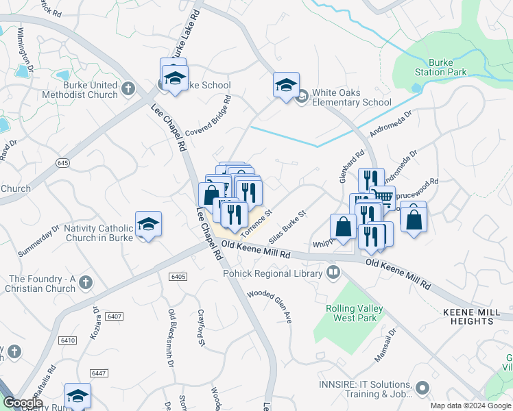 map of restaurants, bars, coffee shops, grocery stores, and more near 9516 Cherry Oak Court in Burke