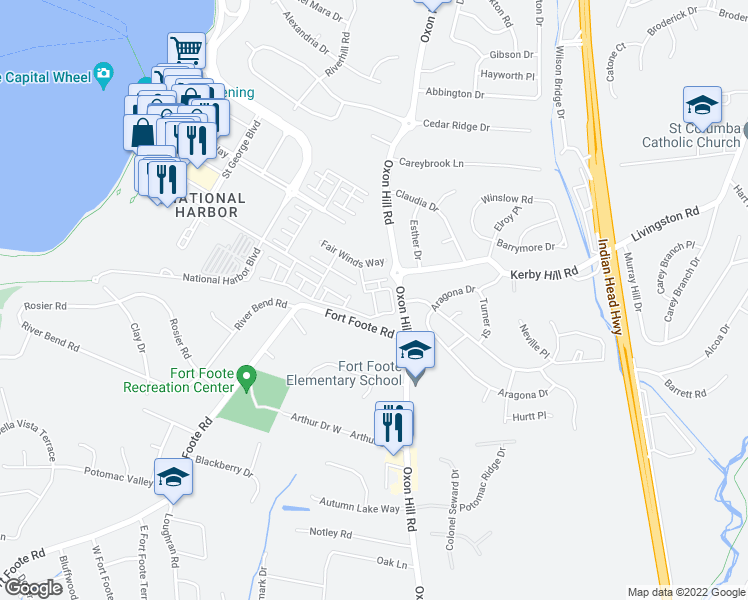 map of restaurants, bars, coffee shops, grocery stores, and more near 839 Regents Square in Oxon Hill