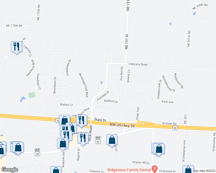 map of restaurants, bars, coffee shops, grocery stores, and more near 1011 Foxridge Drive in Warrensburg