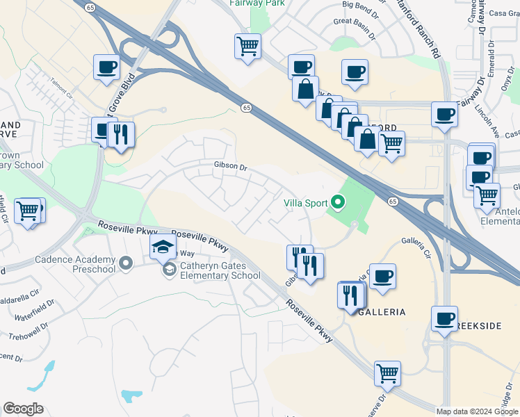 map of restaurants, bars, coffee shops, grocery stores, and more near 501 Gibson Drive in Roseville
