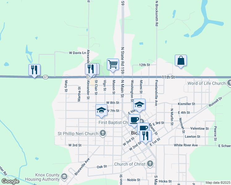map of restaurants, bars, coffee shops, grocery stores, and more near 821 North Main Street in Bicknell
