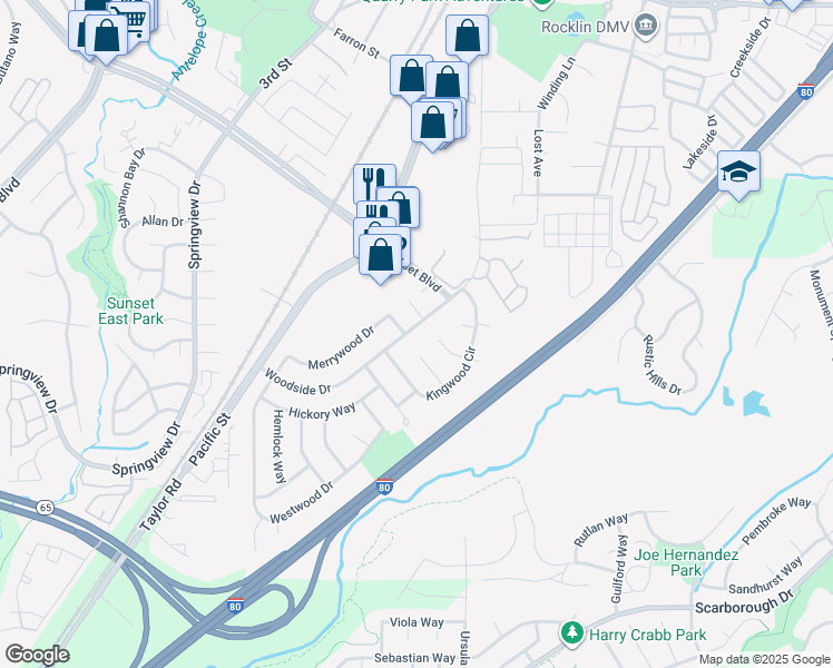 map of restaurants, bars, coffee shops, grocery stores, and more near 6037 Woodside Drive in Rocklin