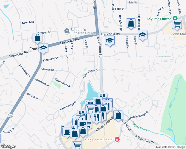 map of restaurants, bars, coffee shops, grocery stores, and more near 6463 Waterfield Road in Alexandria
