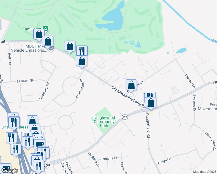 map of restaurants, bars, coffee shops, grocery stores, and more near 7705 Old Alexandria Ferry Road in Clinton