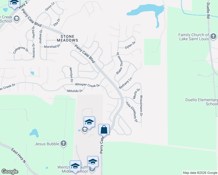 map of restaurants, bars, coffee shops, grocery stores, and more near 44 Poole Court in Wentzville