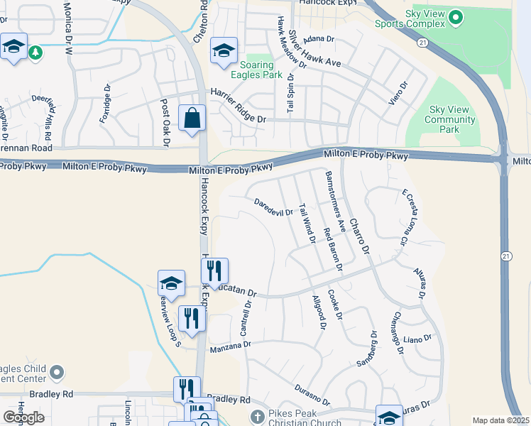 map of restaurants, bars, coffee shops, grocery stores, and more near 4937 Daredevil Drive in Colorado Springs