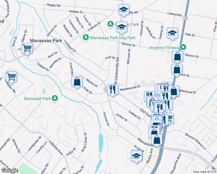 map of restaurants, bars, coffee shops, grocery stores, and more near 190 Manassas Drive in Manassas Park