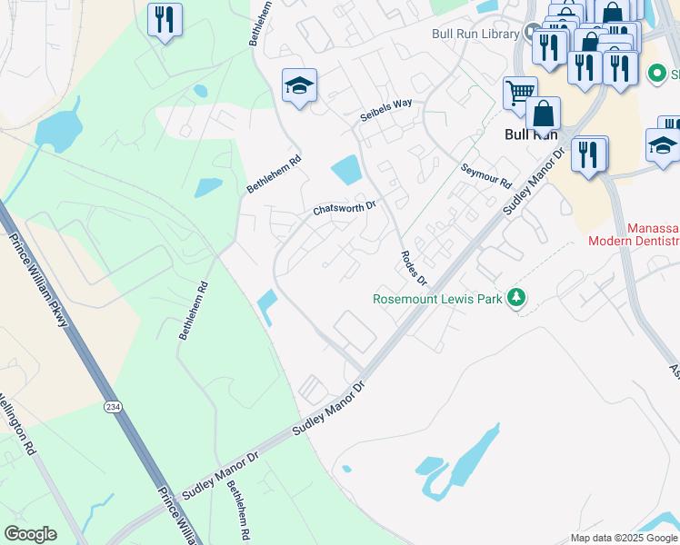 map of restaurants, bars, coffee shops, grocery stores, and more near 8198 Winstead Place in Manassas