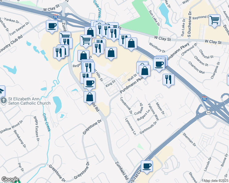 map of restaurants, bars, coffee shops, grocery stores, and more near 905 King Drive in Saint Charles