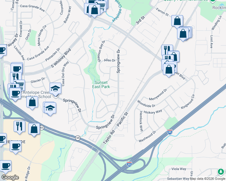 map of restaurants, bars, coffee shops, grocery stores, and more near 5703 Sunflower Court in Rocklin