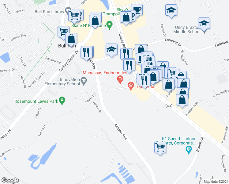 map of restaurants, bars, coffee shops, grocery stores, and more near 10626 Provincial Drive in Manassas