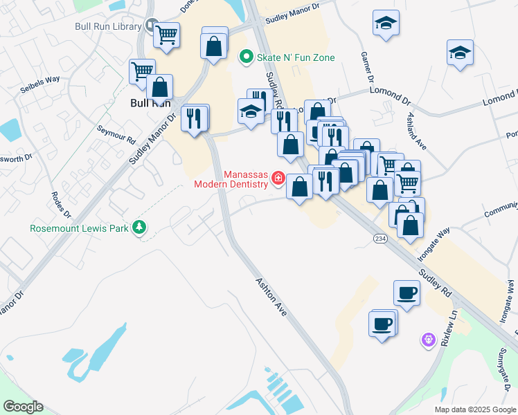 map of restaurants, bars, coffee shops, grocery stores, and more near 10624 Provincial Drive in Manassas