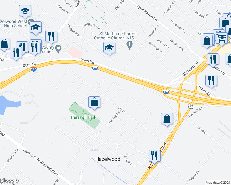map of restaurants, bars, coffee shops, grocery stores, and more near 23 Kenwood Drive in Hazelwood
