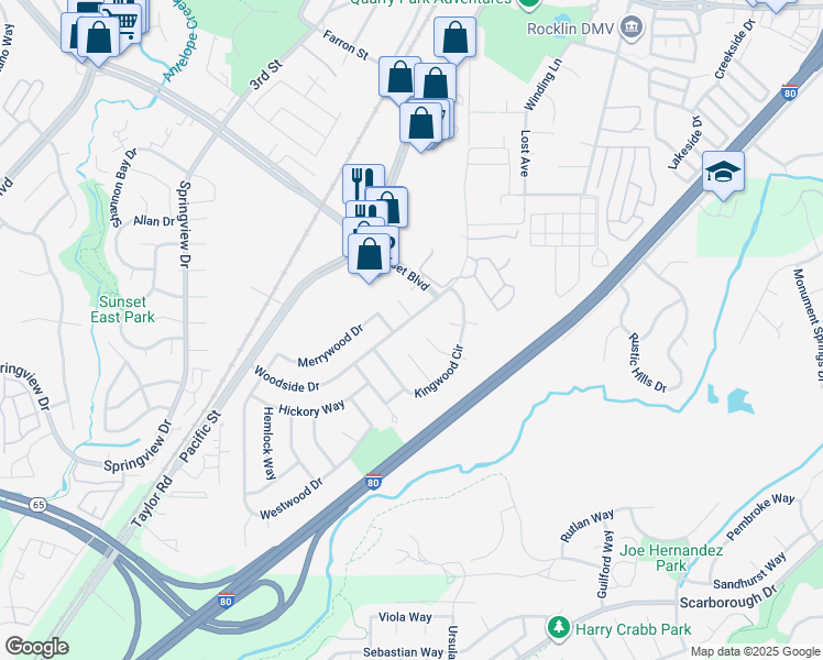 map of restaurants, bars, coffee shops, grocery stores, and more near 6027 Woodside Drive in Rocklin