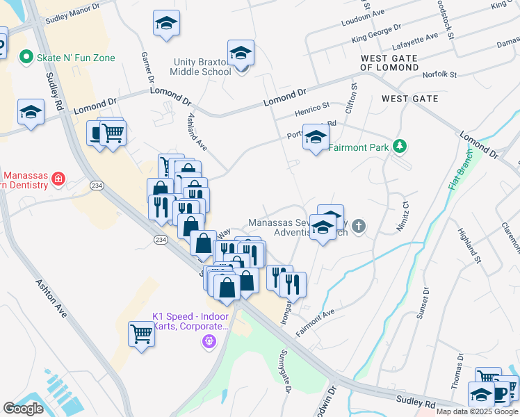 map of restaurants, bars, coffee shops, grocery stores, and more near 7877 Meadow Court in Manassas
