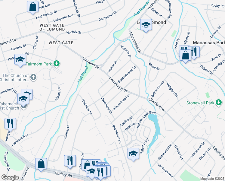 map of restaurants, bars, coffee shops, grocery stores, and more near 9505 Spotsylvania Street in Manassas