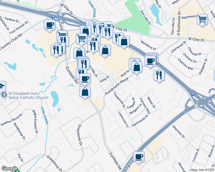 map of restaurants, bars, coffee shops, grocery stores, and more near 801 King Drive in Saint Charles