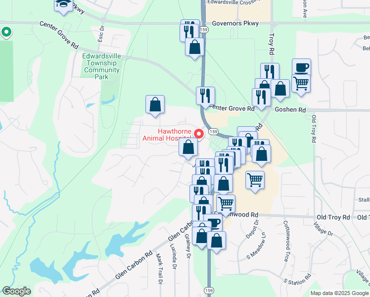 map of restaurants, bars, coffee shops, grocery stores, and more near 100 Northbay Court in Glen Carbon