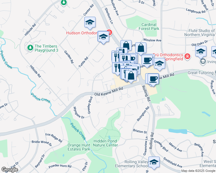 map of restaurants, bars, coffee shops, grocery stores, and more near 6320 Over See Court in West Springfield