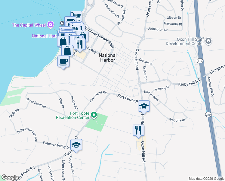 map of restaurants, bars, coffee shops, grocery stores, and more near 604 Overlook Park Drive in Fort Washington