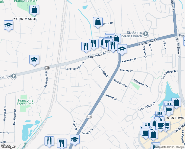 map of restaurants, bars, coffee shops, grocery stores, and more near 6104 Franconia Commons Court in Alexandria