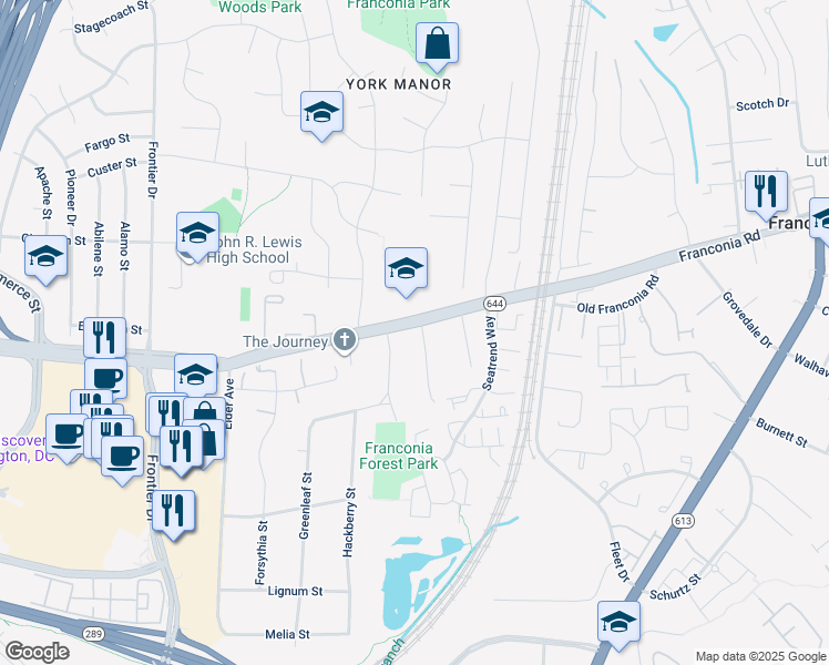 map of restaurants, bars, coffee shops, grocery stores, and more near 6400 Japonica Street in Springfield