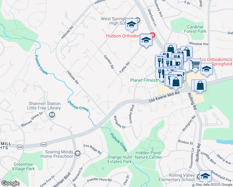 map of restaurants, bars, coffee shops, grocery stores, and more near 6322 Cardinal Hill Place in West Springfield