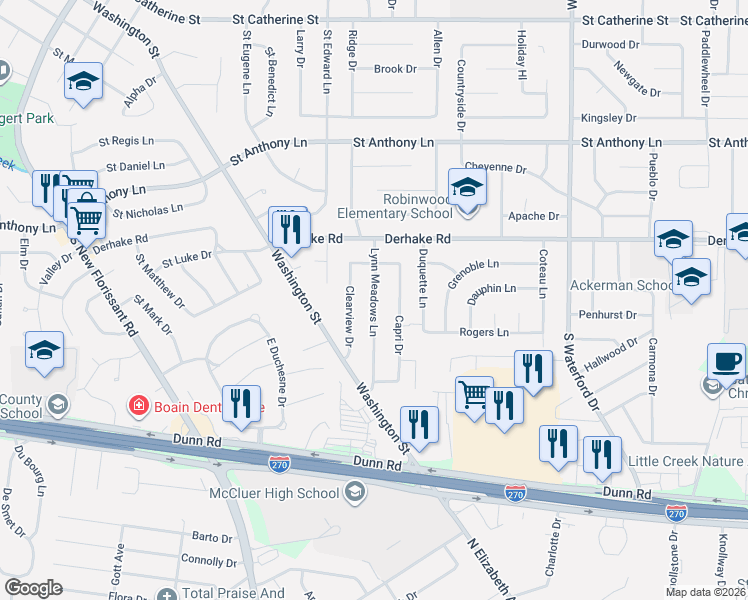 map of restaurants, bars, coffee shops, grocery stores, and more near Lynn Meadows Lane in Florissant