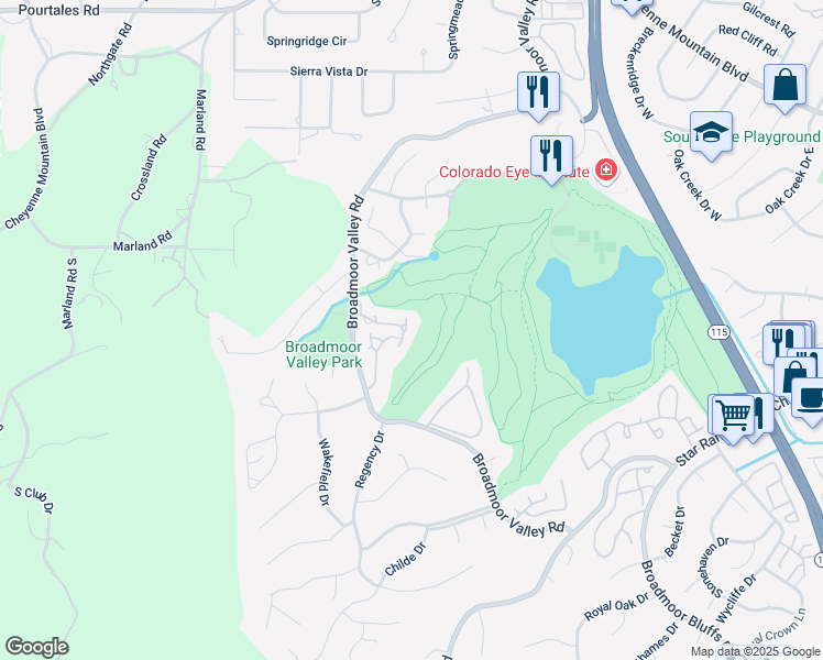 map of restaurants, bars, coffee shops, grocery stores, and more near 340 Blue Windsor Lane in Colorado Springs