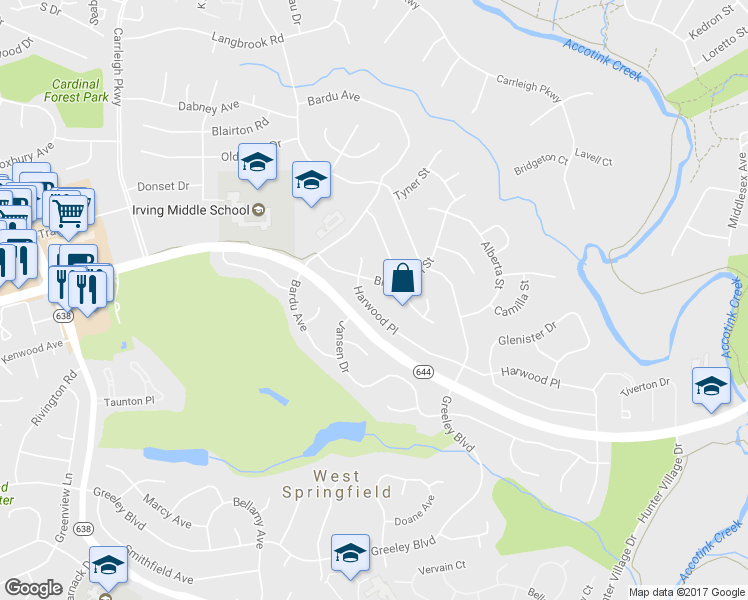 map of restaurants, bars, coffee shops, grocery stores, and more near 7930 Harwood Pl in Springfield