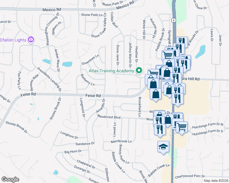 map of restaurants, bars, coffee shops, grocery stores, and more near 525 Feise Road in O'Fallon